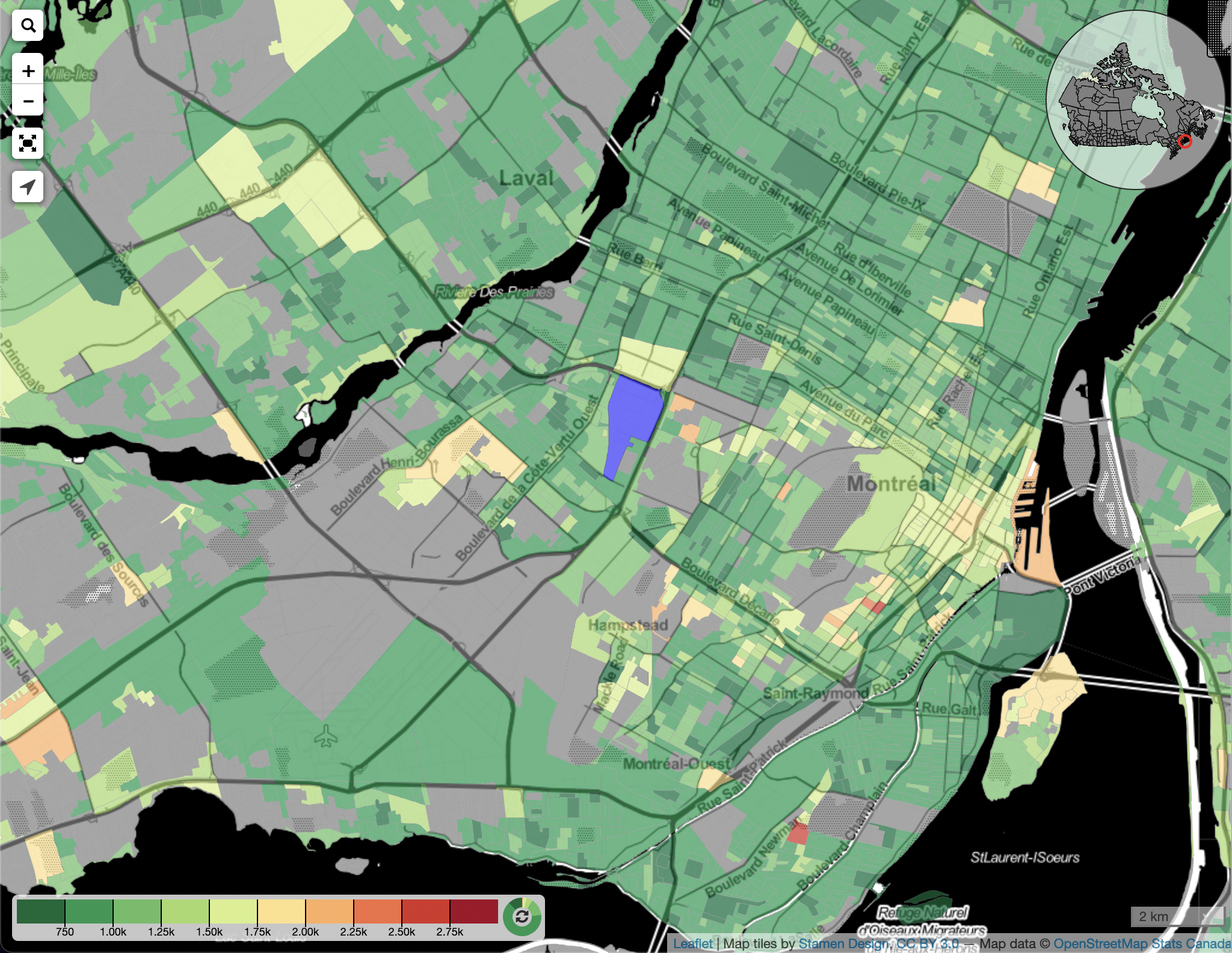 Median monthly shelter costs for rented dwellings in Montreal, CAD